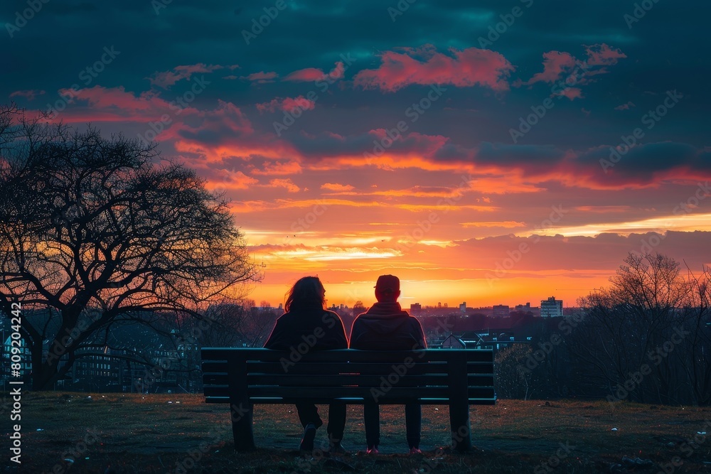 Obraz premium A couple sitting on a bench in a park, gazing at the setting sun in the horizon, A couple sitting on a park bench watching the sunset together
