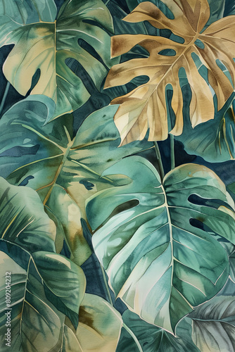 Wallpaper Mural Exquisite watercolor painting of blue-toned leaves - Captivating watercolor artwork of blue and green tropical leaves, perfect for a sophisticated and modern aesthetic Torontodigital.ca