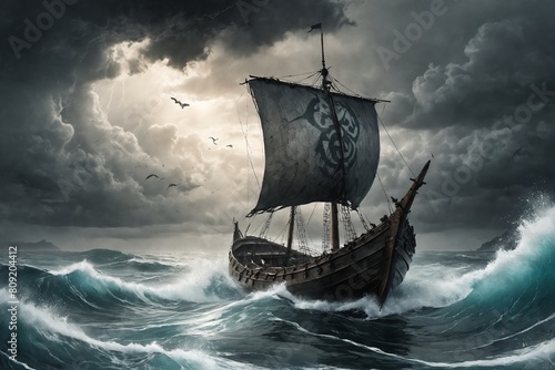 Wrath of the Sea Gods: Viking Vessel Braving the Storm photo