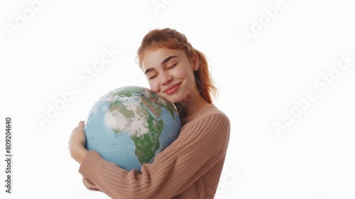 Girl holding the Planet Earth isolated on white. Future Concept