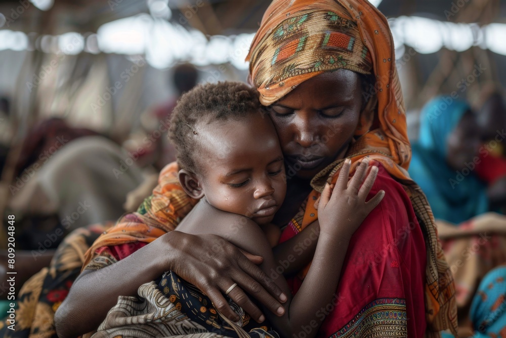 Mother Comforting Malnourished Child in Refugee Camp