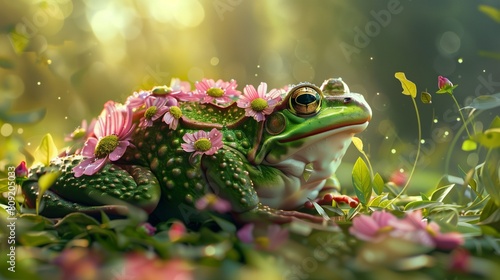 a magical scene in a dew-kissed morning meadow where a unique Flowered Frog sits among lush greenery.