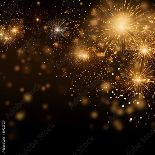 Card or banner for a happy new year in gold on a black background with fireworks. Generative Ai  © Nazmulkn