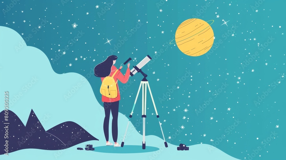 A woman astronomer discovering a new comet through her telescope. 