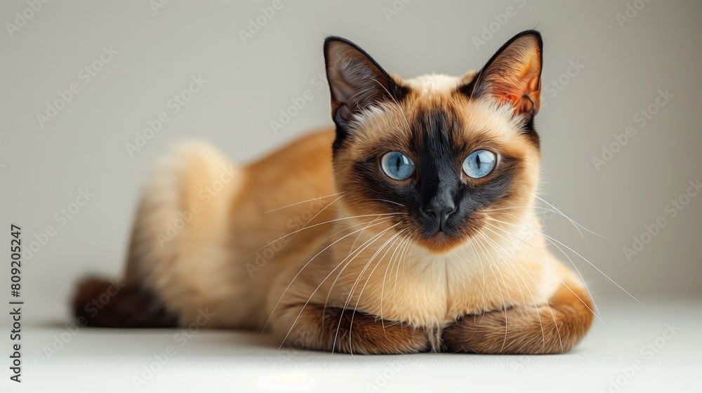 A handsome Burmese cat, with its sleek coat and expressive eyes, sitting confidently against a clean white canvas. Generative AI