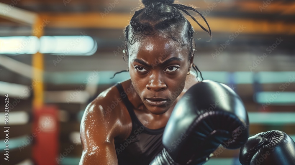 Black woman practicing boxing sport, person is focused and enjoying the sport, sports photography, generative ai Black woman practicing boxing sport, person is focused and enjoying the sport, sports photography, generative ai