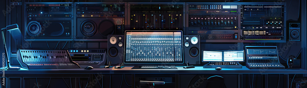 Sound Engineer's Studio Wall: Featuring sound mixing panels, audio equipment specs, and a whiteboard with recording schedules Sound Engineer's Studio Wall: Featuring sound mixing panels, audio equipment specs, and a whiteboard with recording schedules