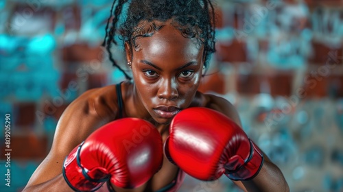 Black woman  practicing boxing sport, person is focused and enjoying the sport, sports photography, generative ai
