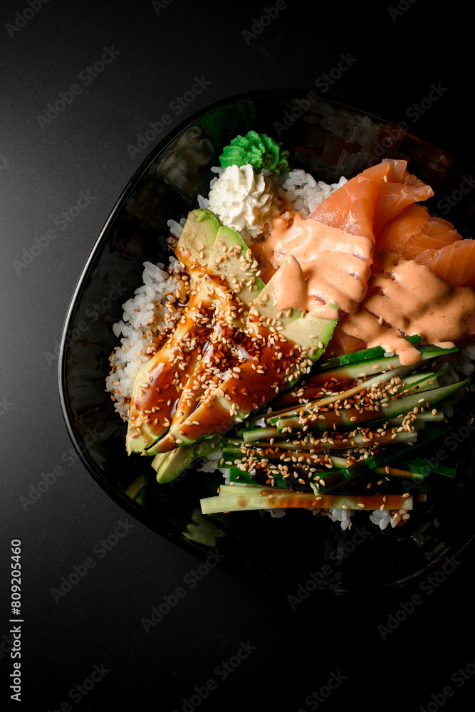 disassembled sushi mix salad with rice, fish, Philadelphia cheese, greens, and wasabi. disassembled sushi mix salad with rice, fish, Philadelphia cheese, greens, and wasabi.