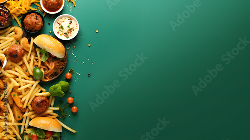 Delicious Fast Food Meal, Cheeseburgers, French Fries, Soft Drink, Green Background, Copy Space, Advertising Banner



