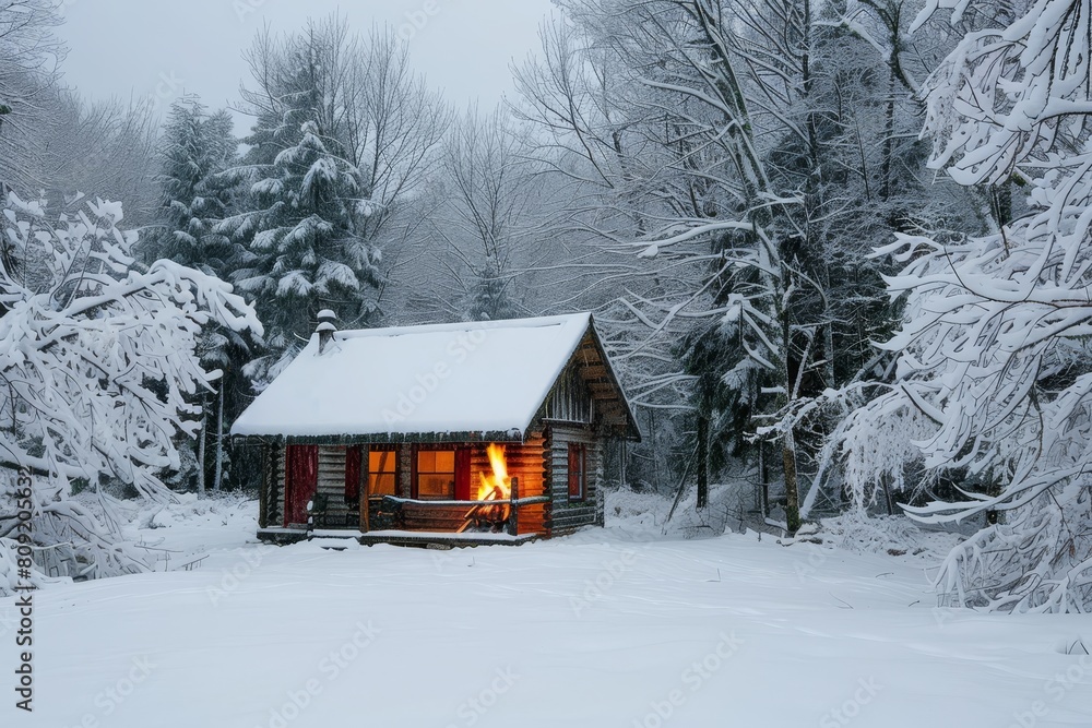 A small cabin surrounded by snow in the middle of a forest, smoke rising from its chimney, A cozy cabin covered in snow with a warm fire burning inside