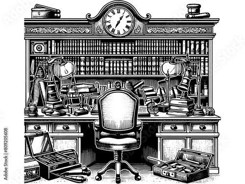 Furniture for the office of a lawyer or writer. Sketch board imitation. Vector, generative ai.