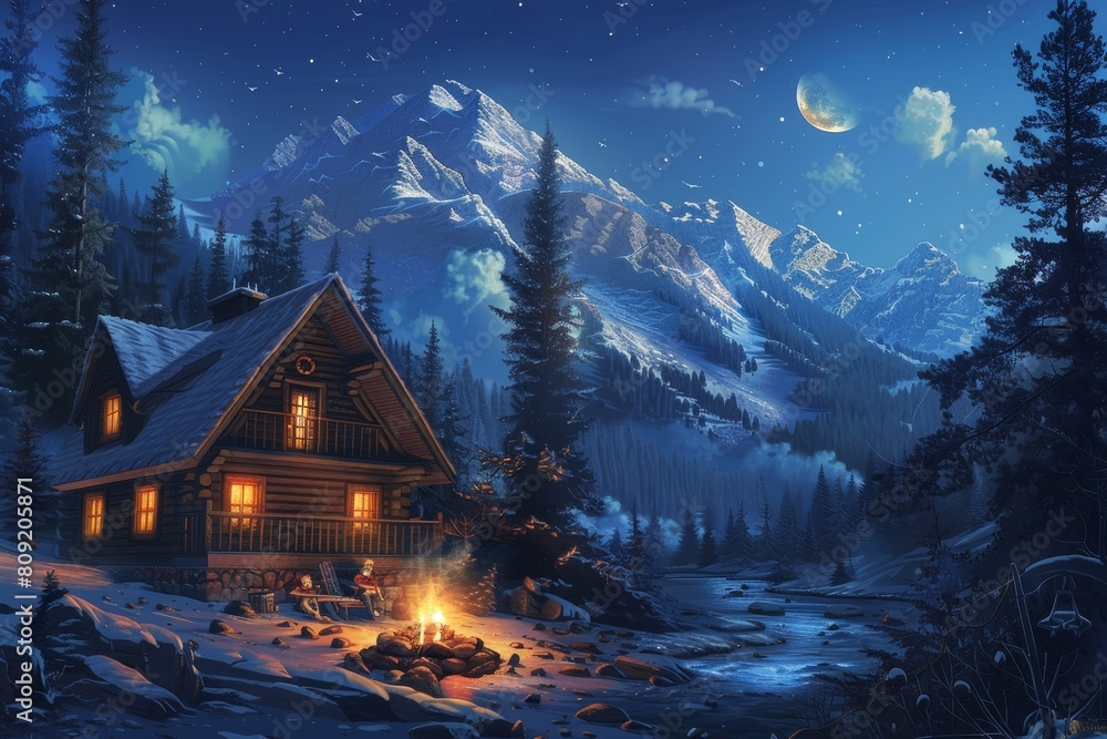 A painting depicting a cabin nestled in the mountains under the night sky, A cozy cabin nestled in the snowy mountains surrounded by pine trees
