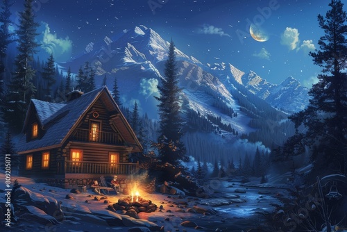 A painting depicting a cabin nestled in the mountains under the night sky, A cozy cabin nestled in the snowy mountains surrounded by pine trees