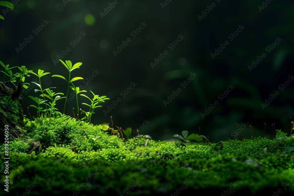 Green moss and background. Backdrop for displaying products. Dark forest background. Green moss and background. Backdrop for displaying products. Dark forest background.