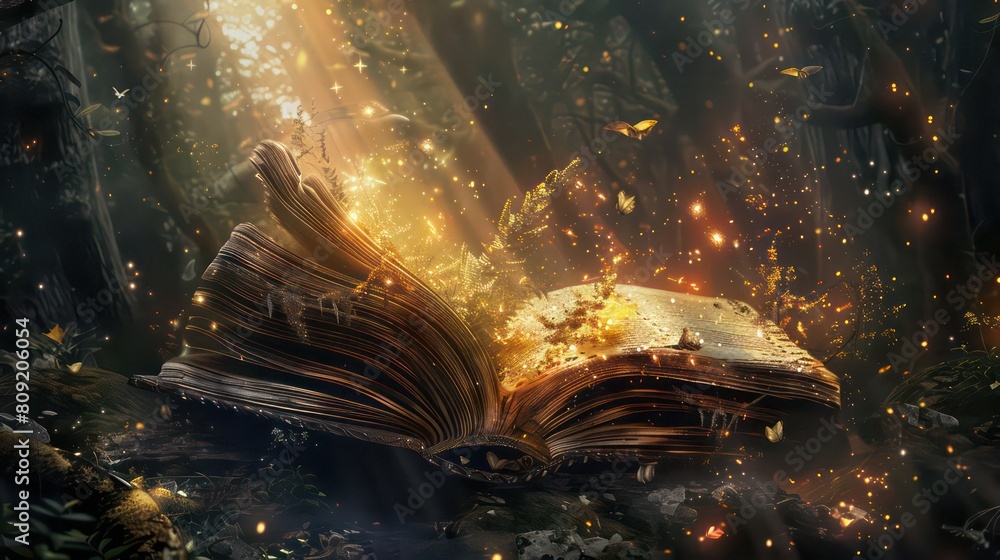 Illustration of a magical book that contains fantastic stories