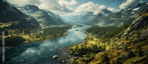 Panoramic view of the lake in the mountains. Mountain landscape.