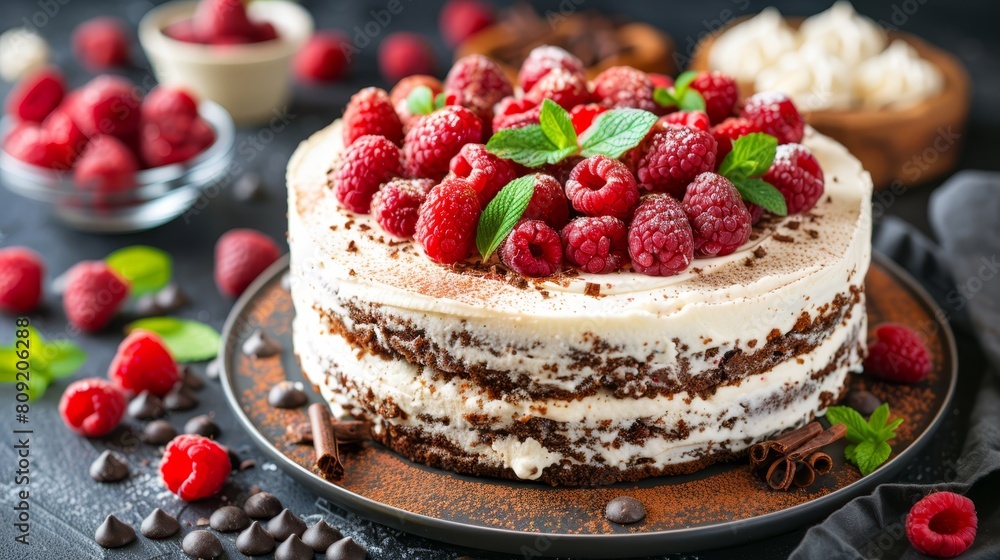   A tight shot of a cake on a plate, adorned with raspberries and chocolate chips nearby