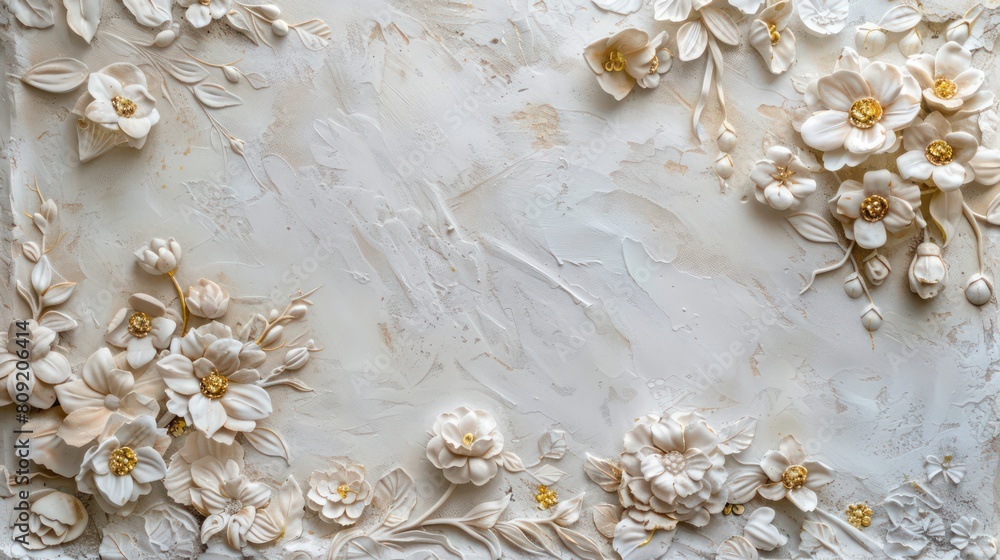 Light decorative texture of a plaster wall with voluminous decorative flowers and golden elements
