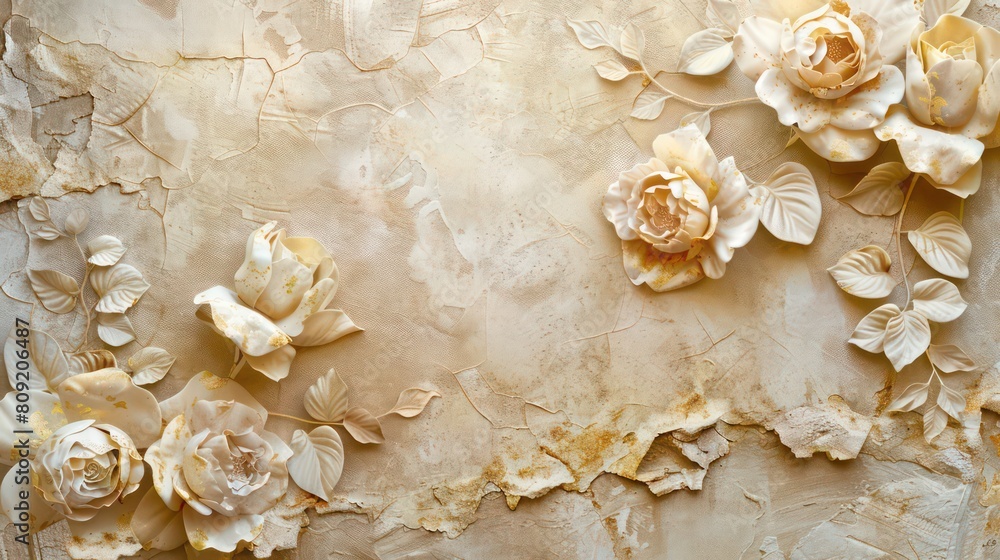 Fototapeta premium Light decorative texture of a plaster wall with voluminous decorative flowers and golden elements