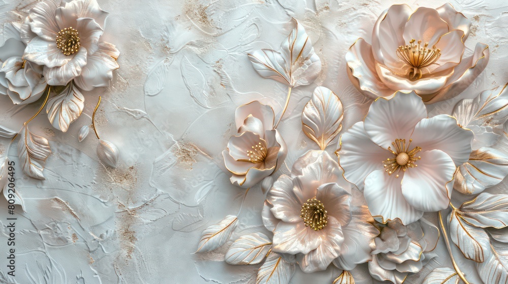 Light decorative texture of a plaster wall with voluminous decorative flowers and golden elements Light decorative texture of a plaster wall with voluminous decorative flowers and golden elements