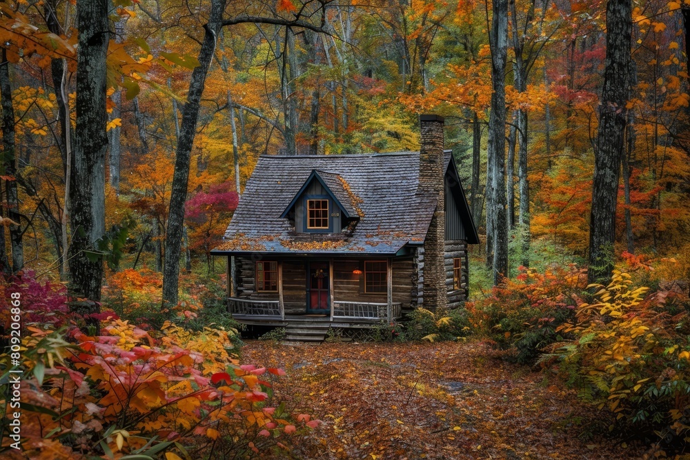 A cabin sits among vibrant fall foliage in a wooded area, A cozy cabin nestled in a forest surrounded by colorful foliage