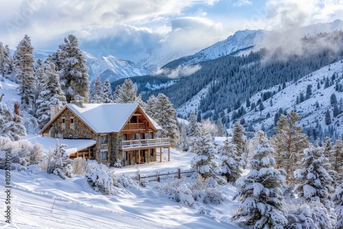 A cabin nestled in snowy mountains surrounded by white landscape, A cozy cabin nestled in snowy mountains, the perfect spot for a family ski trip
