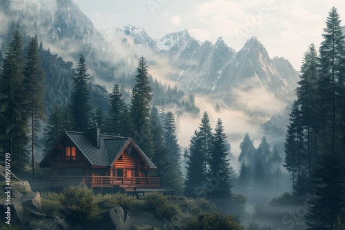 A cabin nestled in the mountains, A cozy cabin nestled in the snowy mountains surrounded by pine trees photo