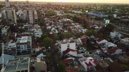 Streets of Buenos Aires, villa urquiza district. Drone view on buildings, in evening, overcast weather. photo