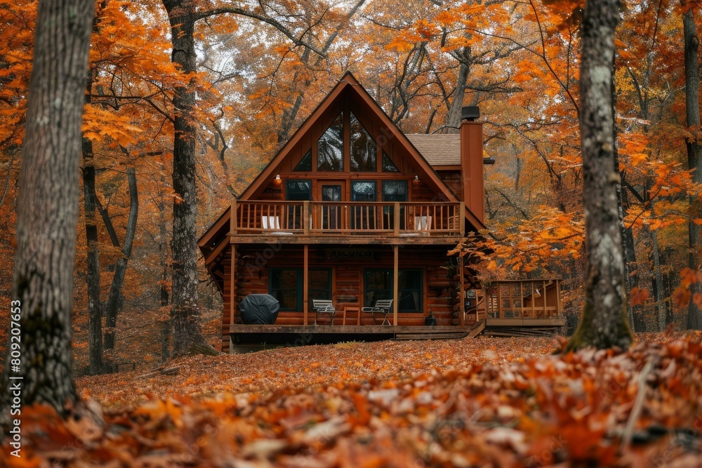 A cabin nestled among colorful fall foliage in the forest, A cozy cabin tucked away in the changing leaves A cabin nestled among colorful fall foliage in the forest, A cozy cabin tucked away in the changing leaves