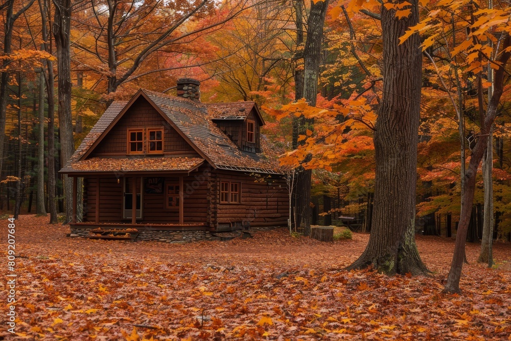 A log cabin nestled in the woods, enveloped by vibrant fall leaves, A cozy cabin tucked away in the changing leaves