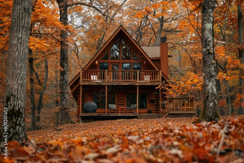 A cabin nestled among colorful fall foliage in the forest, A cozy cabin tucked away in the changing leaves © Iftikhar alam