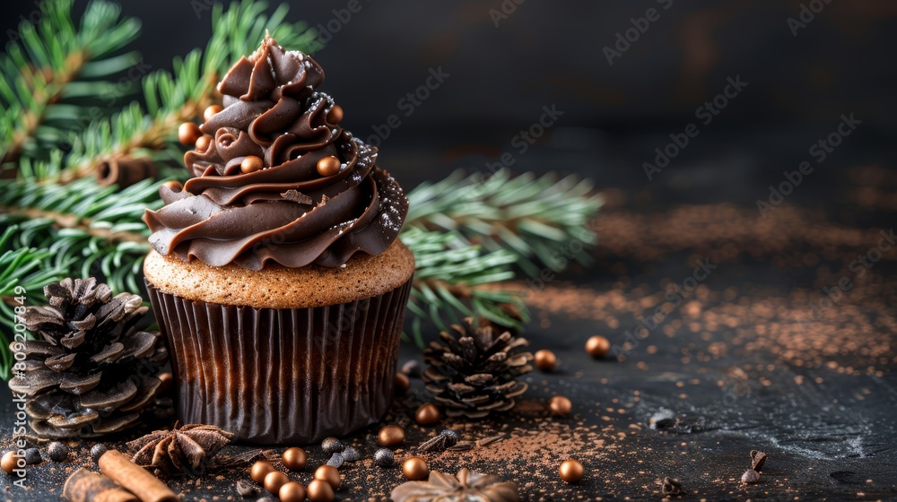 A cupcake topped with chocolate frosting and a pinecone, surrounded by pinecones and cinnamon A cupcake topped with chocolate frosting and a pinecone, surrounded by pinecones and cinnamon