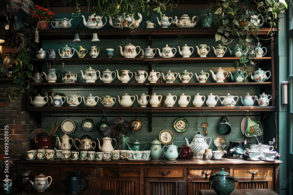 A room cluttered with an abundance of pots and pans arranged on shelves and countertops, A cozy cafe lined with shelves of vintage teapots and mismatched mugs