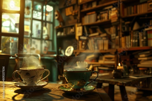 Two cups of coffee sit on a table in a library setting  A cozy cafe with steaming mugs of tea and shelves of books