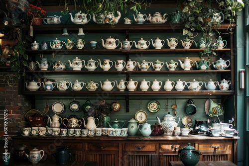 A room cluttered with an abundance of pots and pans arranged on shelves and countertops, A cozy cafe lined with shelves of vintage teapots and mismatched mugs photo