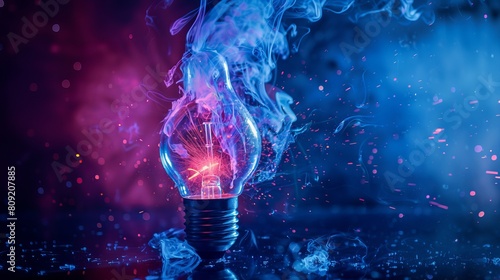 A high-speed studio photograph captures the detail of a light bulb glass explosion, illuminated by blue and purple lighting. This image concept symbolizes obsolete energy.