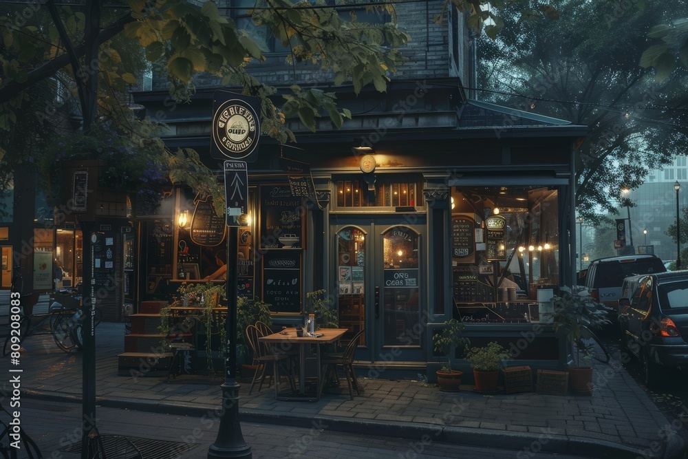 A building with a clock on its front facade, situated on a bustling street corner, A cozy coffee shop nestled on a bustling street corner A building with a clock on its front facade, situated on a bustling street corner, A cozy coffee shop nestled on a bustling street corner