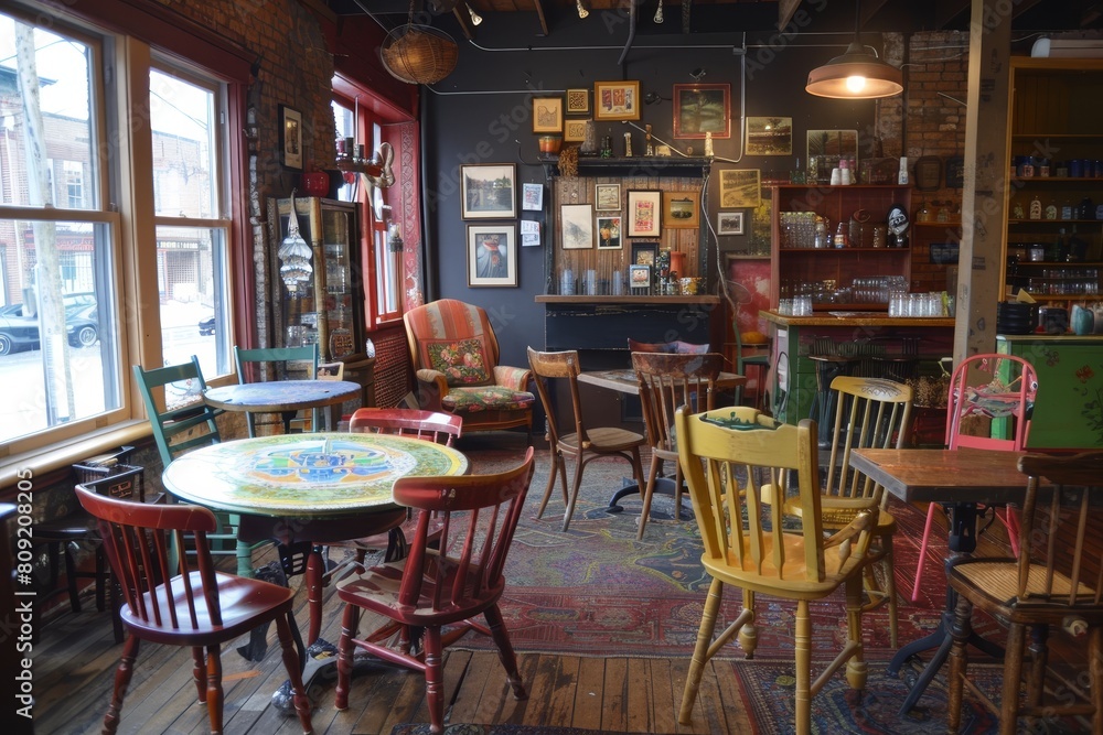 Room filled with various chairs and tables, creating a cozy and eclectic atmosphere in a coffee shop, A cozy coffee shop with mismatched chairs and tables