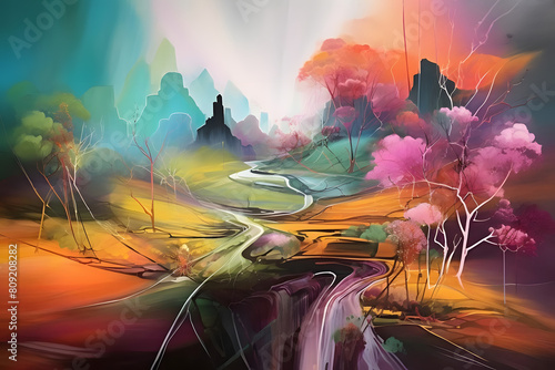 mystical valley alongside pathway. abstract landscape painting, generative ai photo