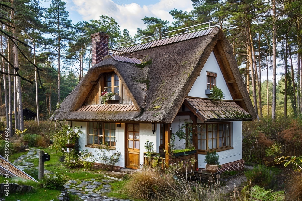 A quaint house with a thatched roof nestled among trees in a forest setting, A cozy cottage nestled in the woods with a thatched roof A quaint house with a thatched roof nestled among trees in a forest setting, A cozy cottage nestled in the woods with a thatched roof