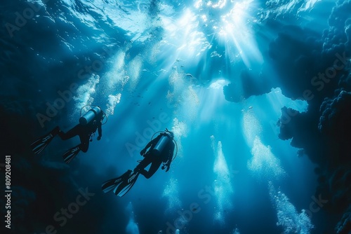 Divers descending into the depths of a mesmerizing reef landscape. photo