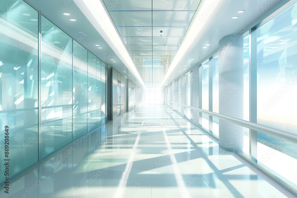 A digitally designed hospital hallway that embodies modernity and healing, with a blurred background for a tranquil effect The minimal text and crisp graphics provide clear navigation
