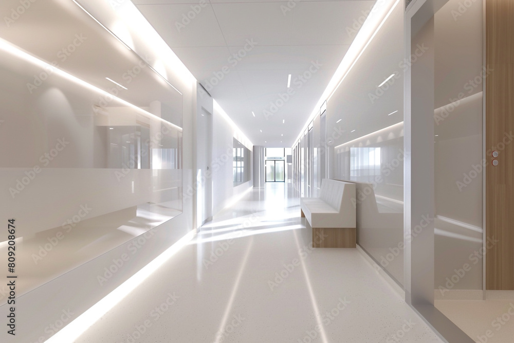 A digitally designed hospital hallway that embodies modernity and healing, with a blurred background for a tranquil effect The minimal text and crisp graphics provide clear navigation