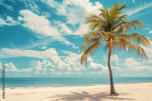 Palm tree on tropical beach with blue sky and white clouds abstract background. Copy space of summer vacation and business travel concept. Vintage tone filter effect color style.