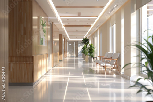 A digitally designed hospital hallway that embodies modernity and healing, with a blurred background for a tranquil effect The minimal text and crisp graphics provide clear navigation