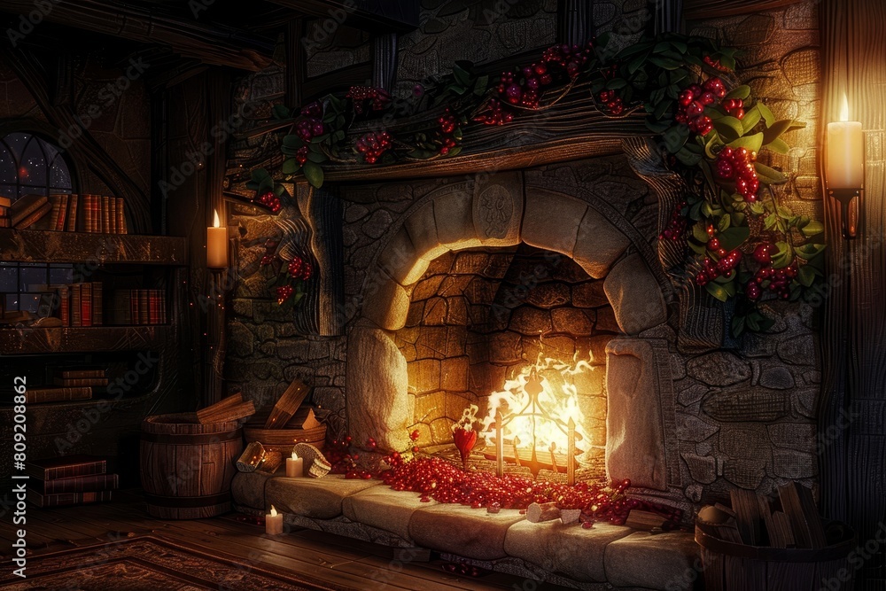 A fireplace adorned with a bunch of vibrant red berries, adding a festive touch to the cozy setting, A cozy fireplace crackling with warmth
