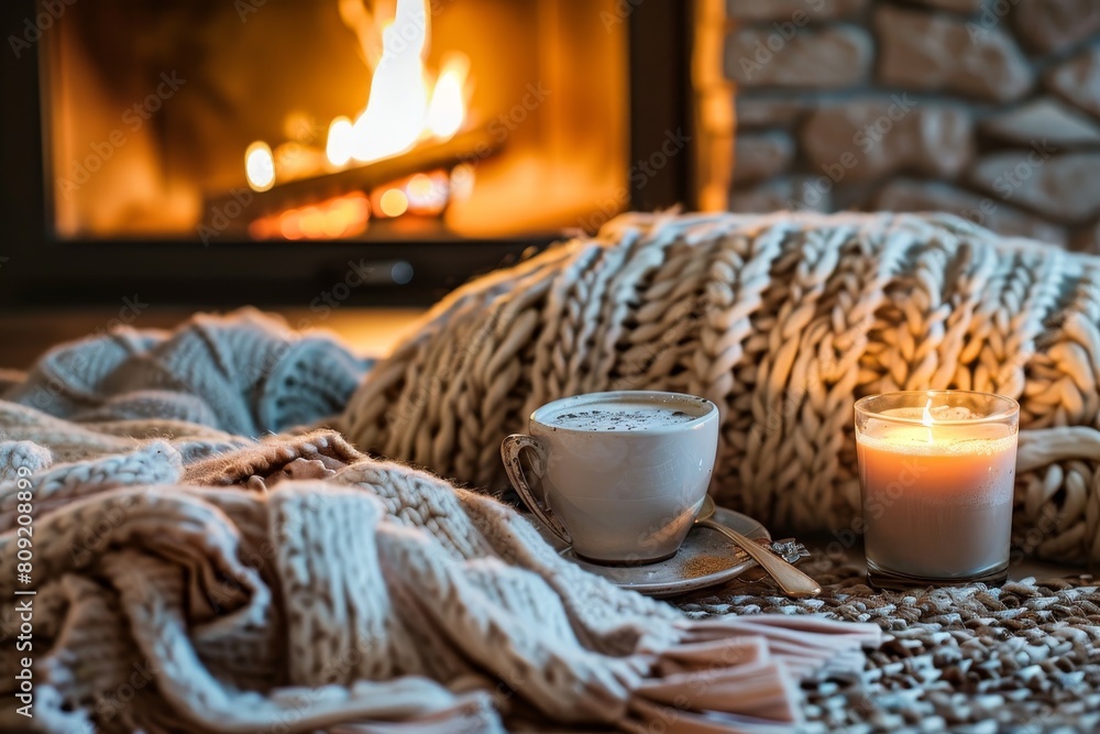 A cup of coffee and a candle sit on a blanket in front of a fireplace, creating a cozy ambiance, A cozy fireplace with a snuggly blanket and hot cocoa A cup of coffee and a candle sit on a blanket in front of a fireplace, creating a cozy ambiance, A cozy fireplace with a snuggly blanket and hot cocoa
