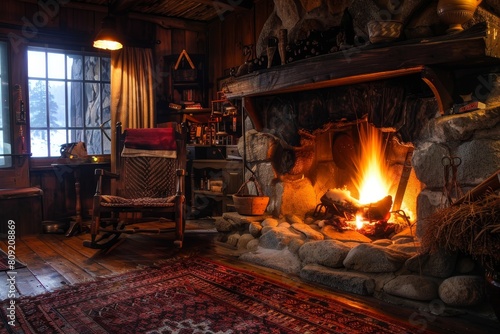 A warm fire crackles in the fireplace of a cozy living room, A cozy fireplace crackling with warmth