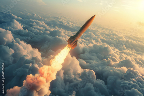 A dramatic scene of a combat rocket soaring high above the clouds, capturing the intensity of a missile attack The image conveys the urgency and power of an air strike in a war scenario photo